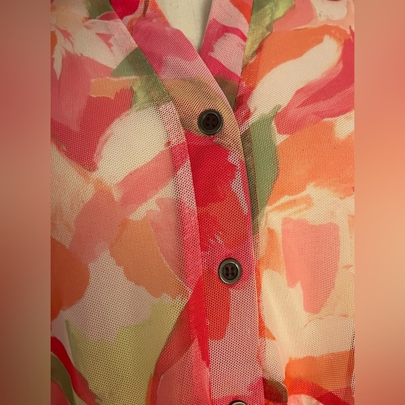 Terra & Sky Pink Floral Pink & Green Sheer Button Down Tunic | Size 0X - Picture 6 of 9